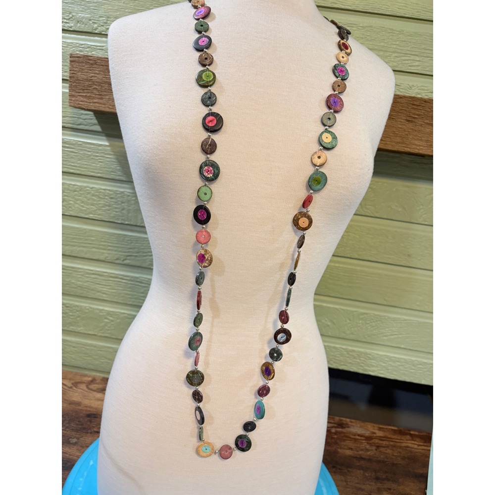 Multicolor Coconut Shell Disc Long Strand Boho Necklace J755 Hand Painted 54 In